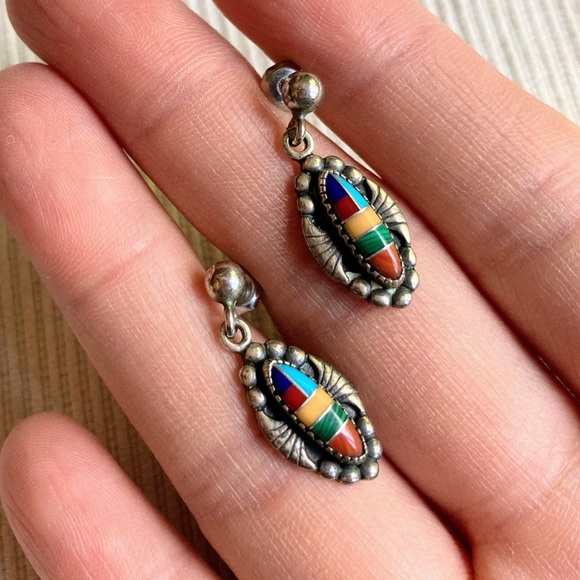 Vintage WM Wheeler Native American Navojo Sterling Silver Inlay Earring - Picture 2 of 13